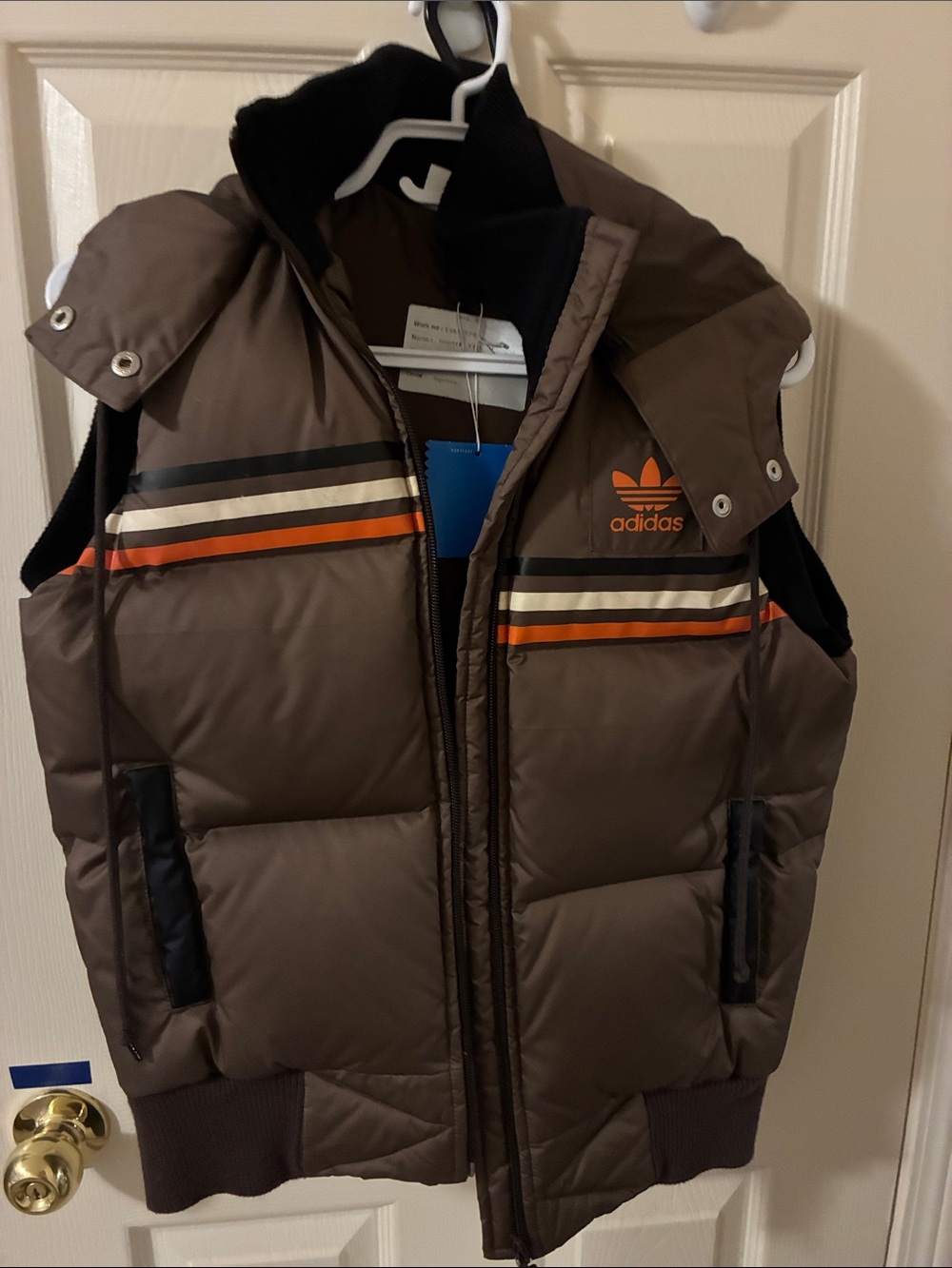 Adidas Chrvron Brown Puffer Vest with Orange and Cream Stripes retro